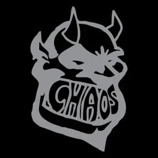 A white demon with the word chaos written on it.